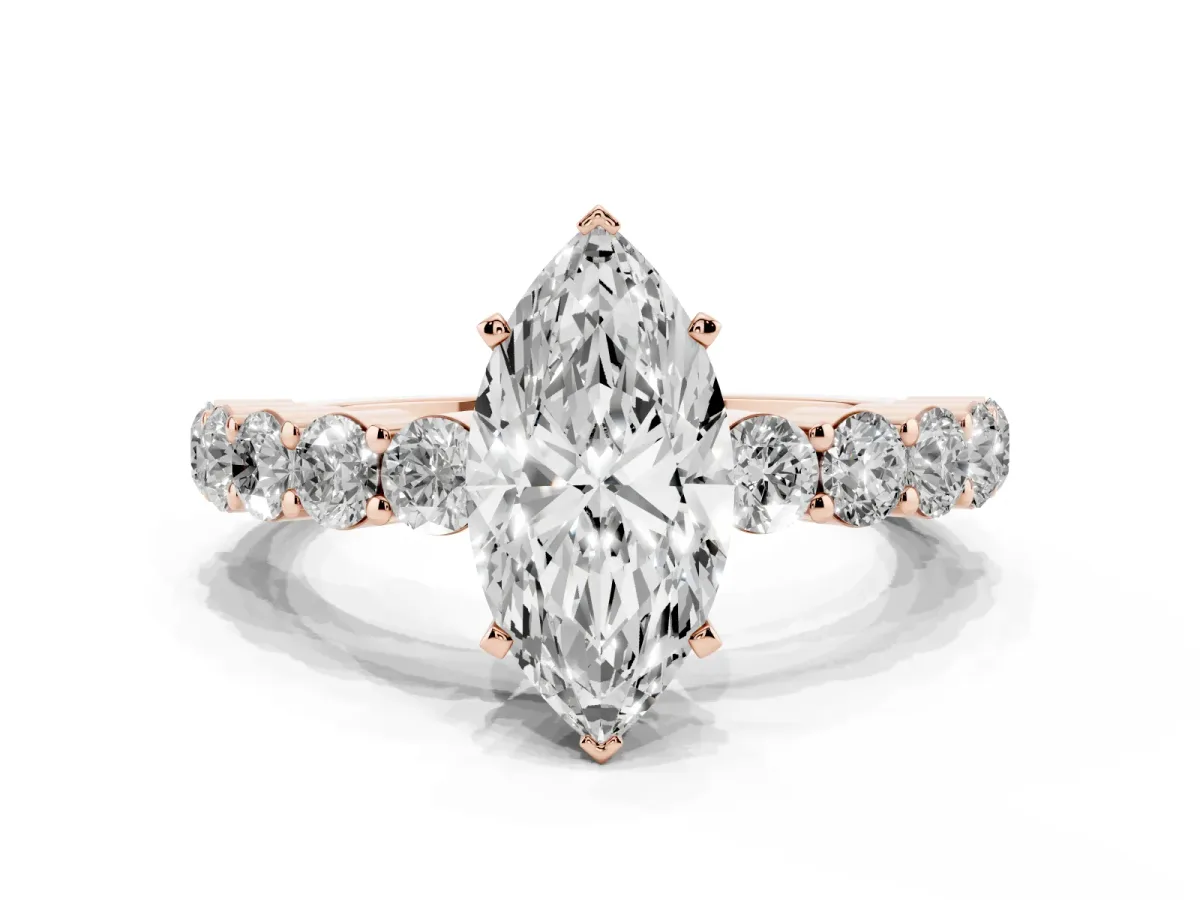 Marquise Cut Diamond Solitaire Ring with Shared Prong Round Side Stones Rose gold