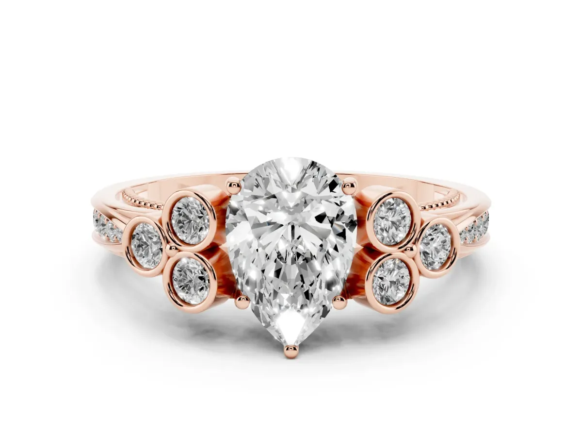 Pear Cut Cut Diamond Engagement Ring with Bezel Set Round Side Stones and Prong Setting Rose gold