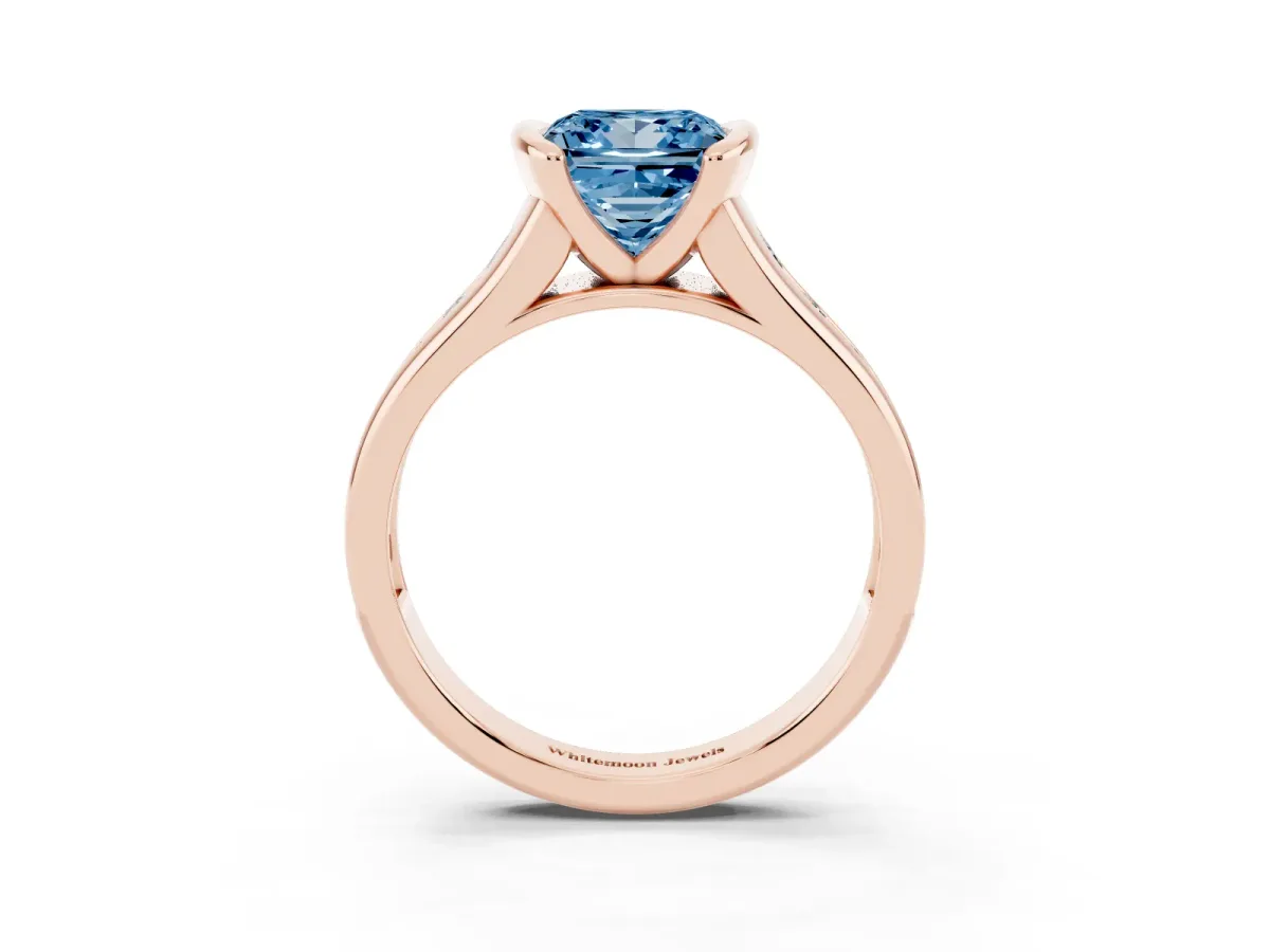 Fancy Blue Princess Cut Solitaire Bezel-Set Diamond Ring with Channel-Set Band Rose gold
