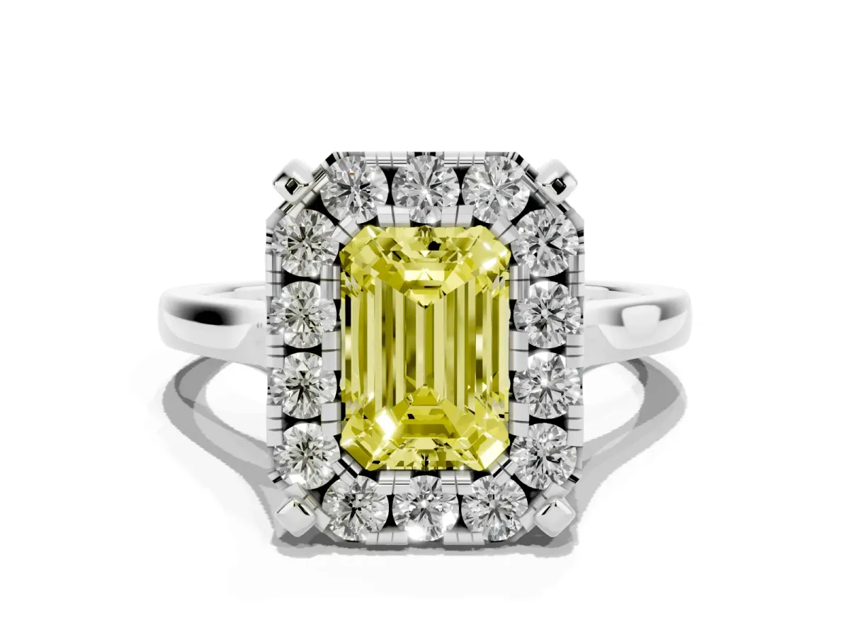 Fancy Yellow Emerald Cut Diamond Cluster Halo Solitaire with Four-Prong Setting Silver