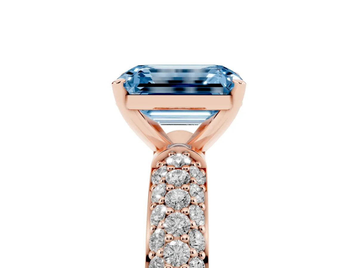 Fancy Blue Emerald Cut Diamond Solitaire Ring with Prong Setting and Pavé Band Rose gold