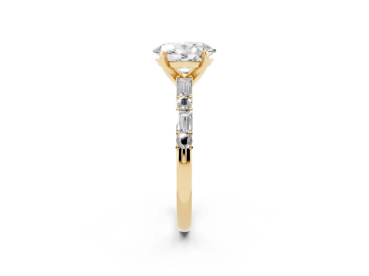 Oval Cut Diamond Solitaire with Side Baguettes and Channel Set Band Yellow gold