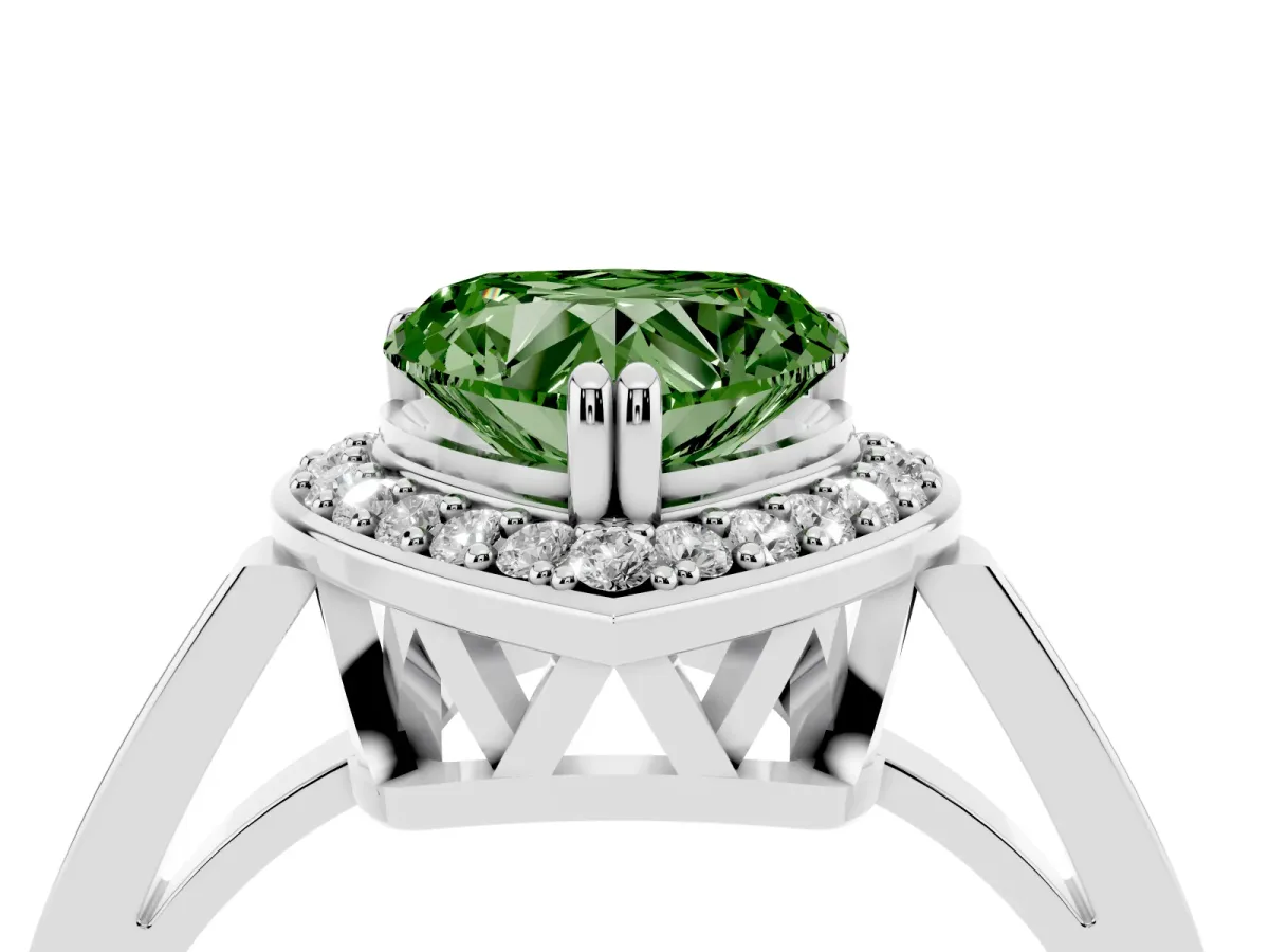Fancy Green Heart Cut Diamond Halo Ring with Split Shank and Four-Prong Setting Silver