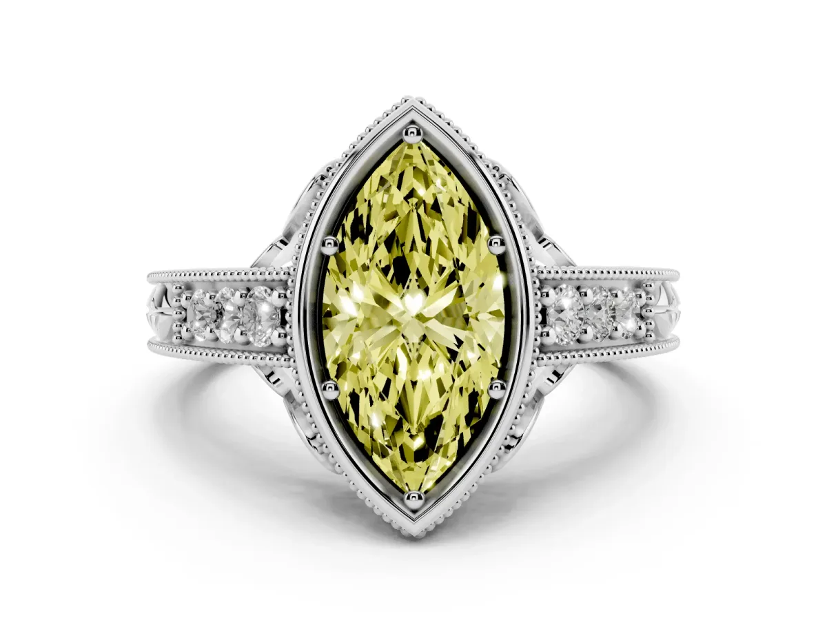 Fancy Yellow Bezel Set Marquise Cut Diamond Milgrain Pave Engagement Ring Silver