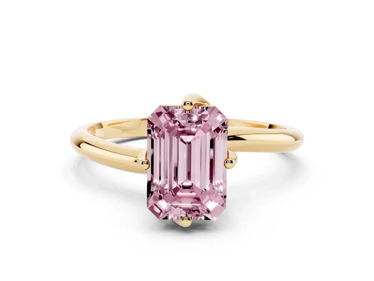Fancy Pink Emerald Cut Diamond Solitaire Engagement Ring with Four-Prong Setting and Classic Band Yellow gold