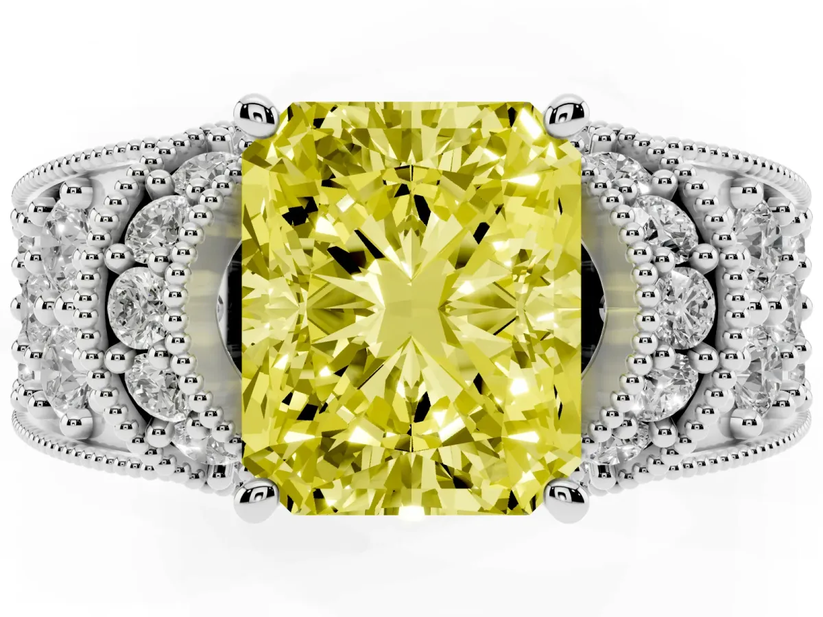Fancy Yellow Radiant Cut Halo Pave Diamond Engagement Ring with Milgrain Detailing White gold
