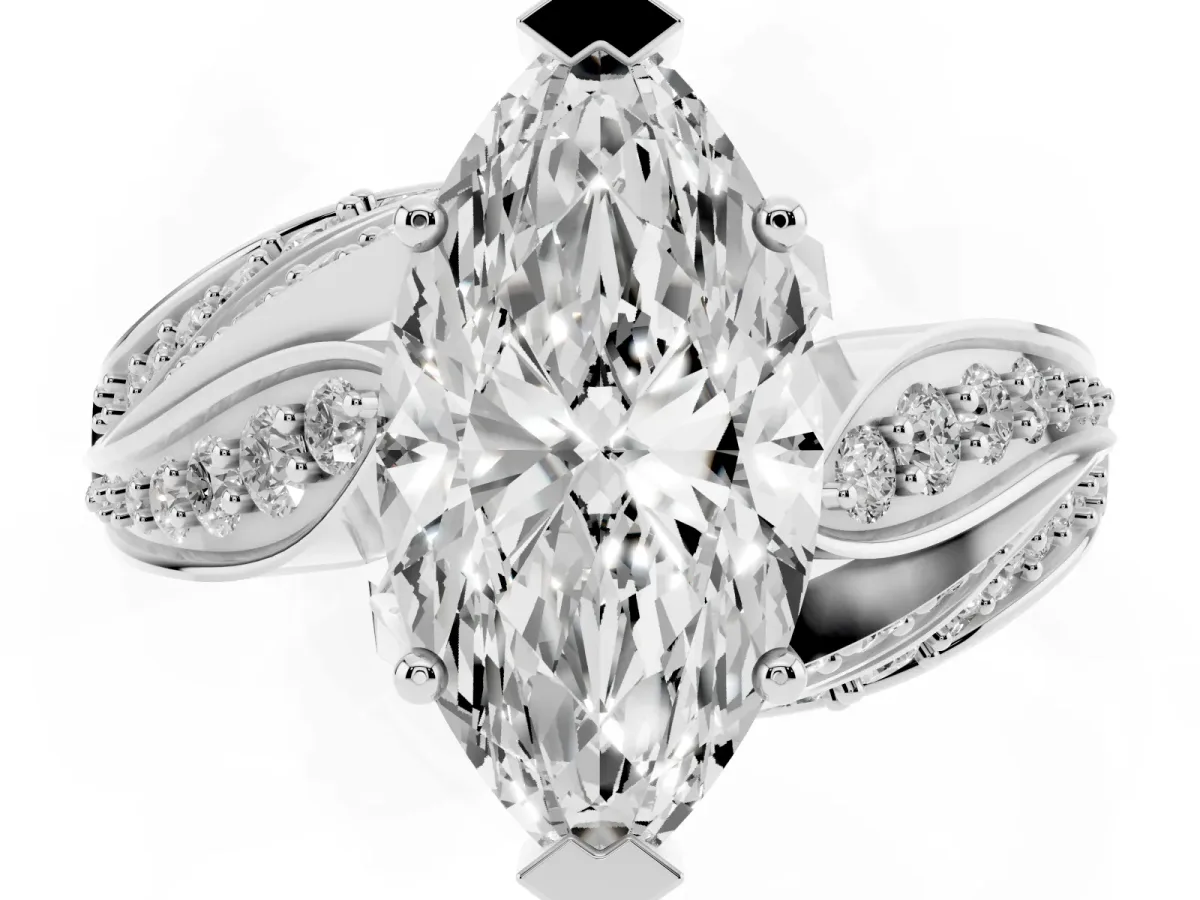 Marquise Cut Diamond Solitaire Ring with Prong Setting and Twisted Pavé Band Silver