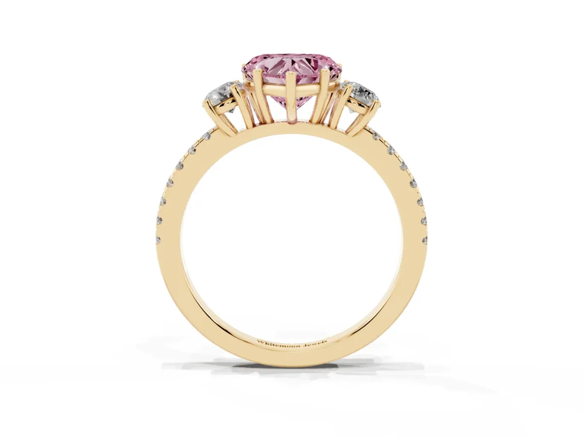 Fancy Pink Three-Stone Heart Cut Cut Diamond Pavé Band with Prong Setting Yellow gold