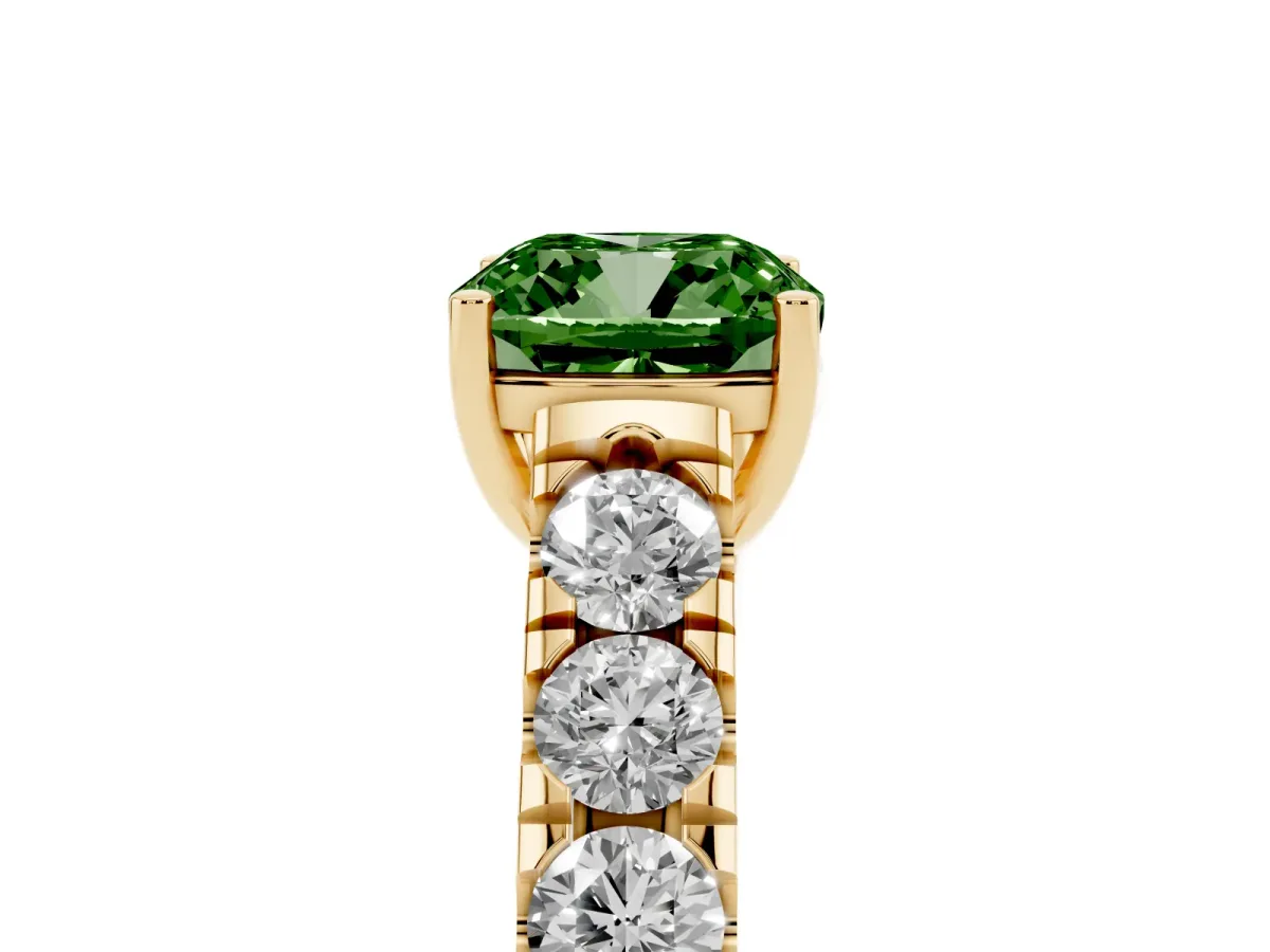 Fancy Green Cushion Cut Cut Diamond Solitaire Ring with Micro Pave Band and Prong Setting Yellow gold