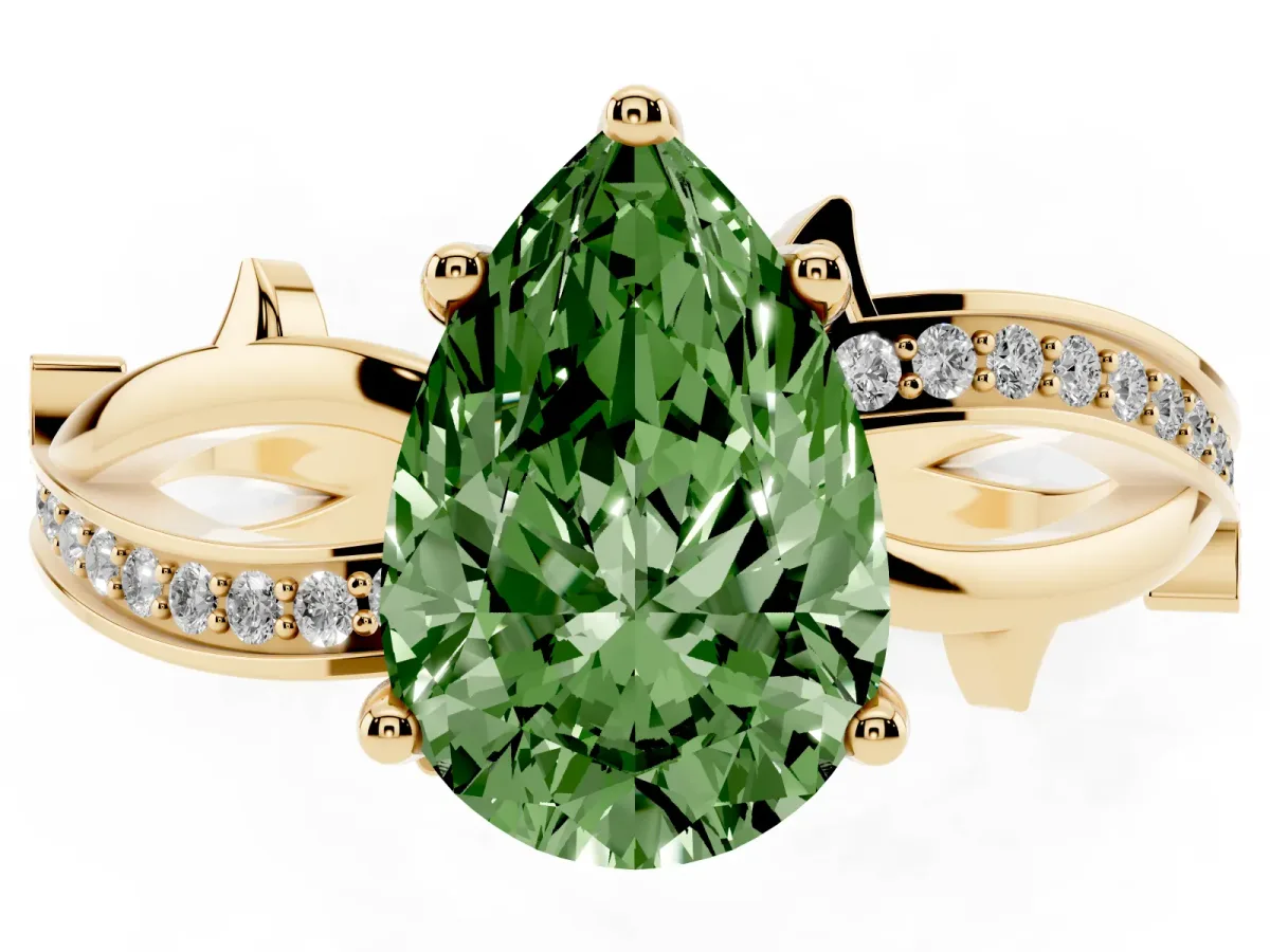 Fancy Green Pear Cut Solitaire Twist Band with Pavé Accents and Four-Prong Setting Yellow gold