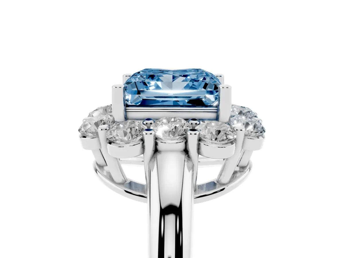 Fancy Blue Princess Cut Halo Milgrain Solitaire with Bezel Set Side Stones and Pave Band Platinum