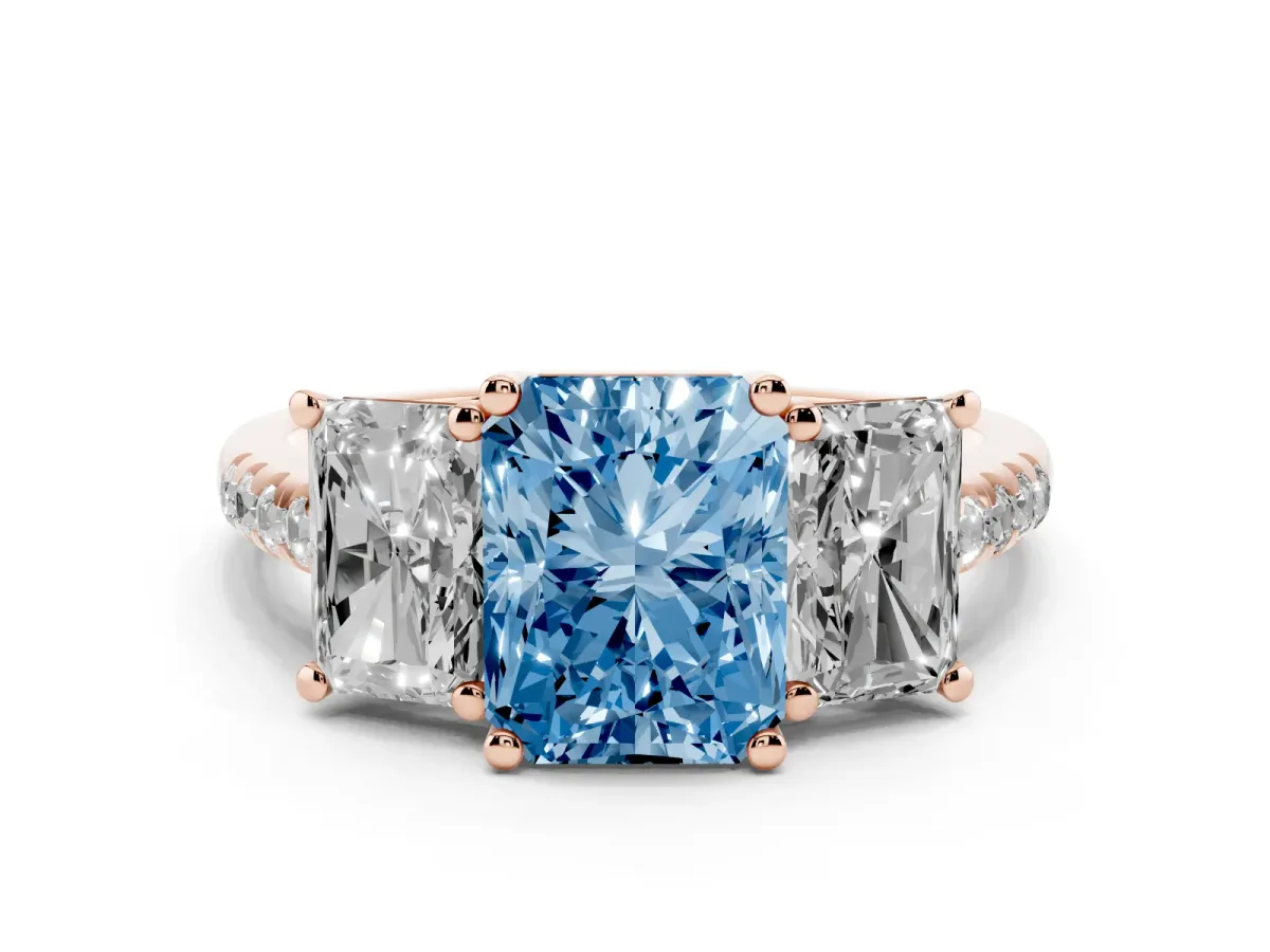 Fancy Blue Three-Stone Radiant Cut Diamond Ring with Round Pavé Band and Prong Setting Rose gold
