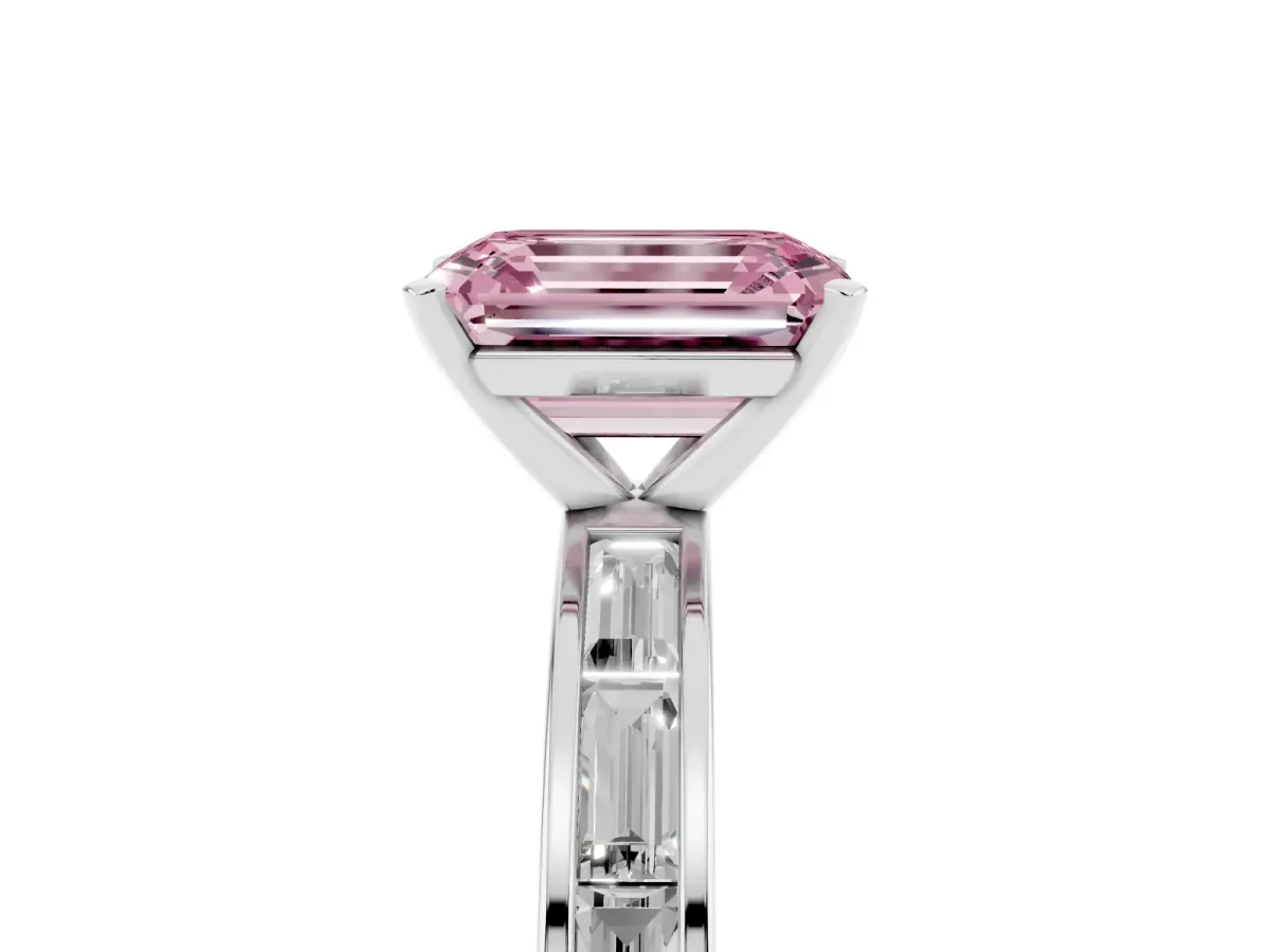 Fancy Pink Emerald Cut Solitaire Diamond Ring with Channel-Set Baguette Band and Four-Prong Setting White gold