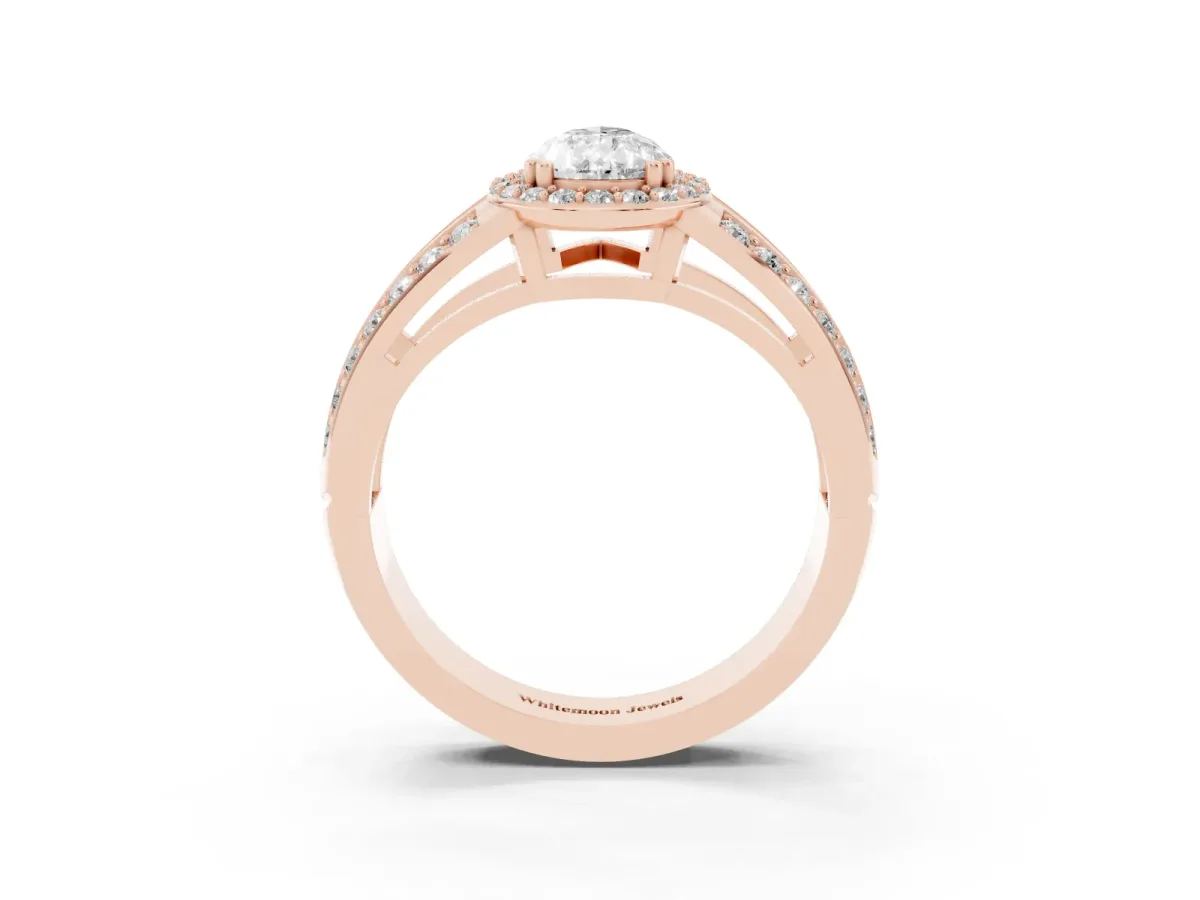Pear Cut Diamond Halo Ring with Split Shank Pavé Band and Four-Prong Setting Rose gold