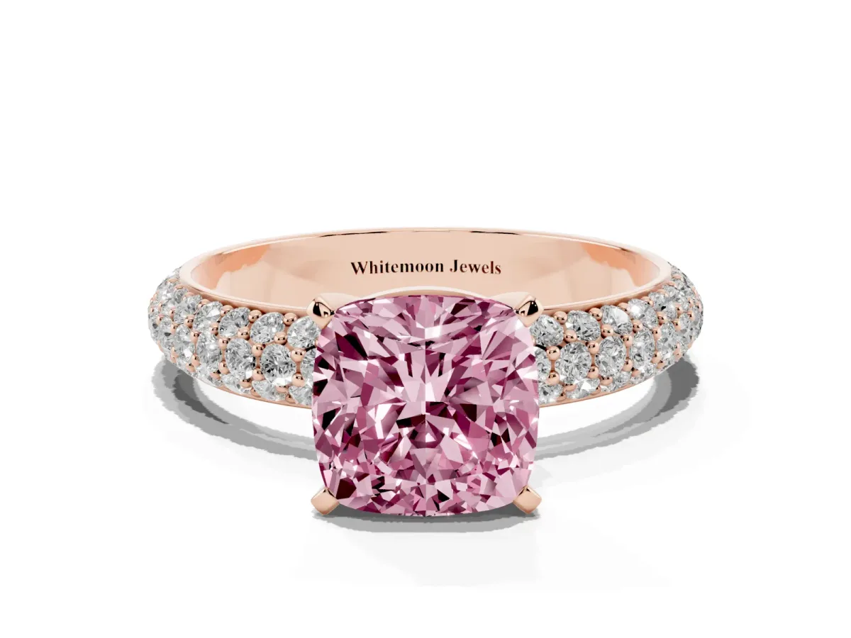 Fancy Pink Cushion Cut Diamond Solitaire Ring with Prong Setting and Pavé Band Rose gold