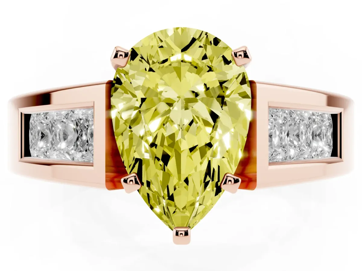 Fancy Yellow Pear Cut Cut Channel Set Solitaire Ring with Four-Prong Setting Rose gold