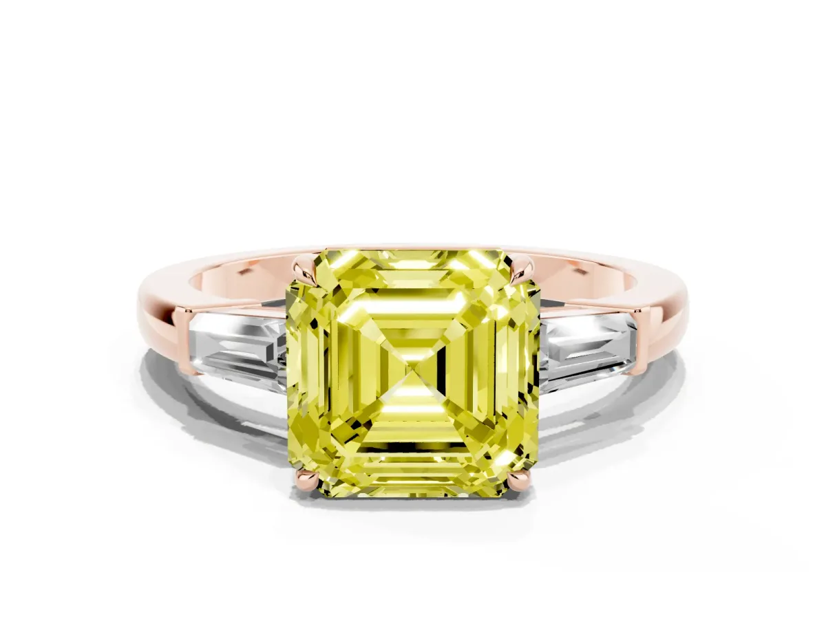 Fancy Yellow Asscher Cut Diamond Three-Stone Ring with Tapered Baguette Side Stones and Prong Setting Rose gold