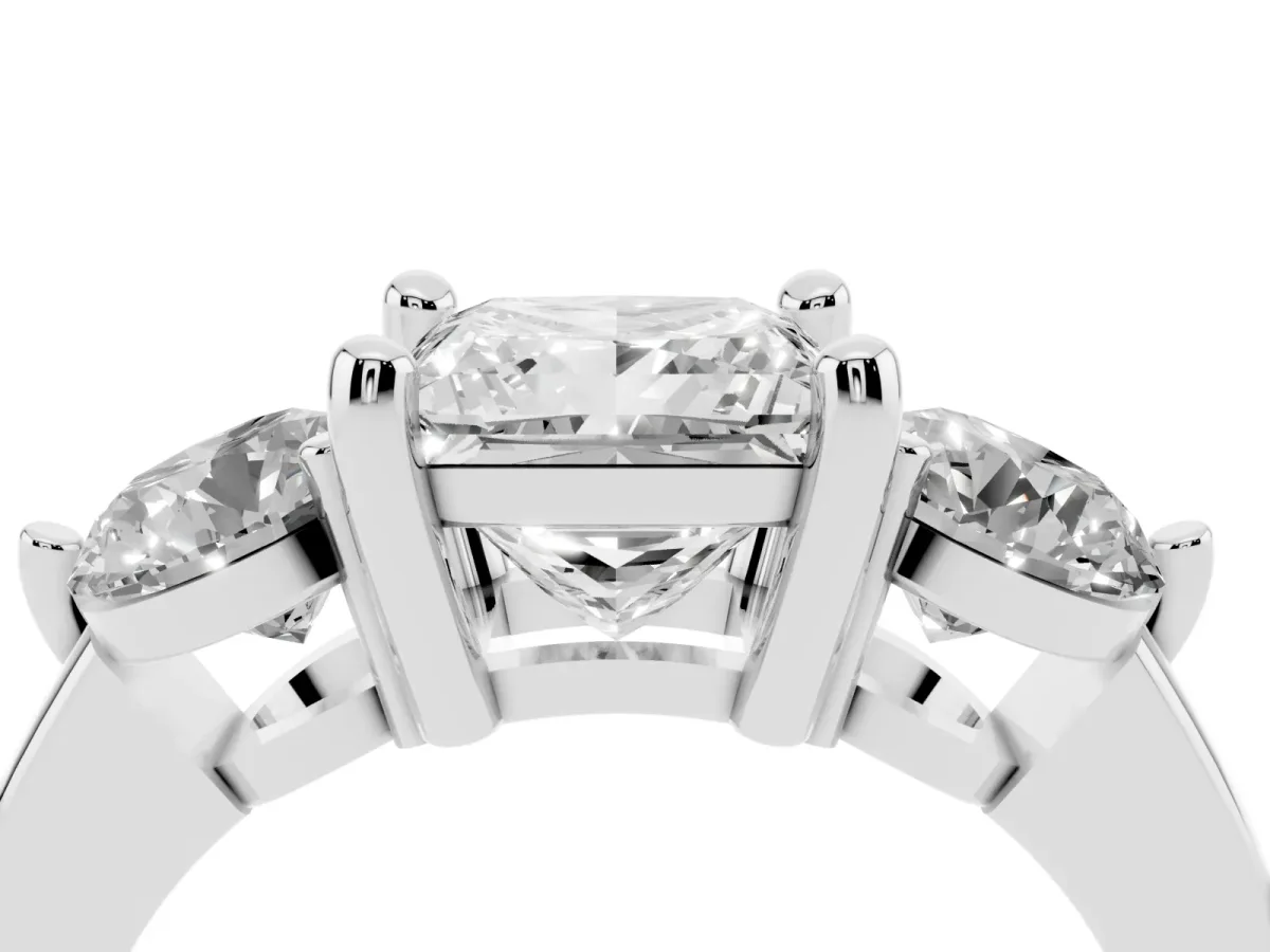 Three-Stone Princess Cut Brilliant Cut Solitaire Ring with Prong Setting on a Classic Band Platinum