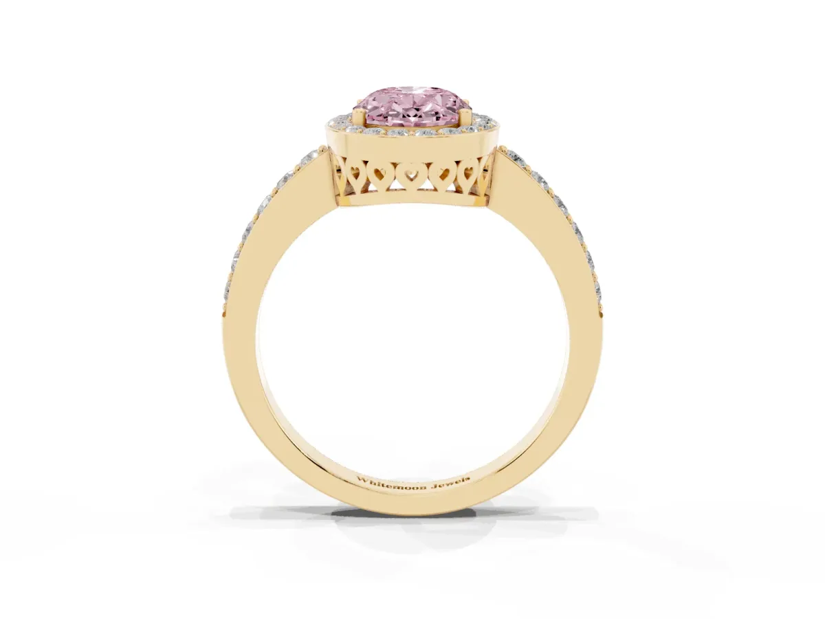 Fancy Pink Oval Cut Halo Diamond Pavé Band Ring with Prong Setting Yellow gold