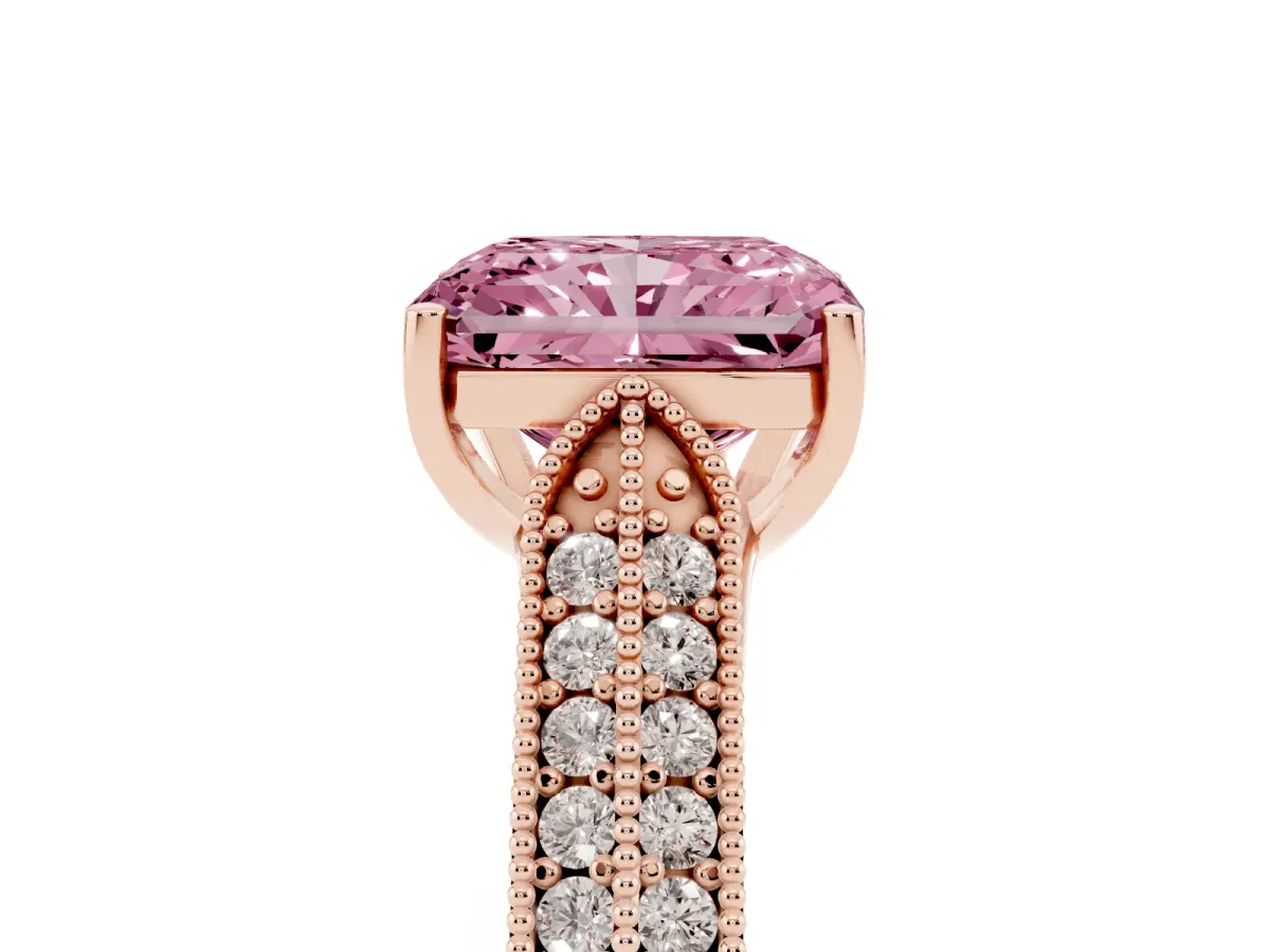 Fancy Pink Radiant Cut Cut Pave Split Shank Engagement Ring with Four-Prong Setting Rose gold