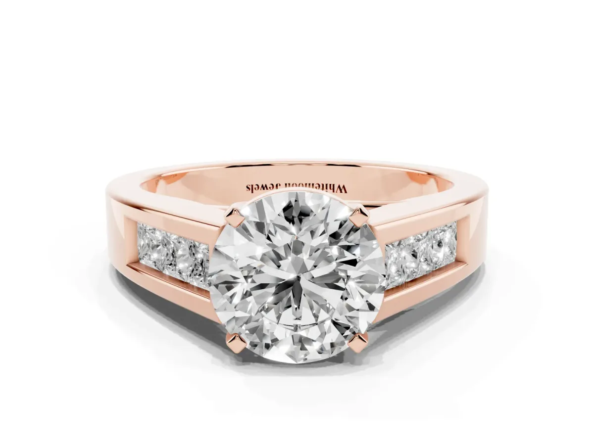 Round Cut Cut Channel Set Solitaire Ring with Four-Prong Setting Rose gold