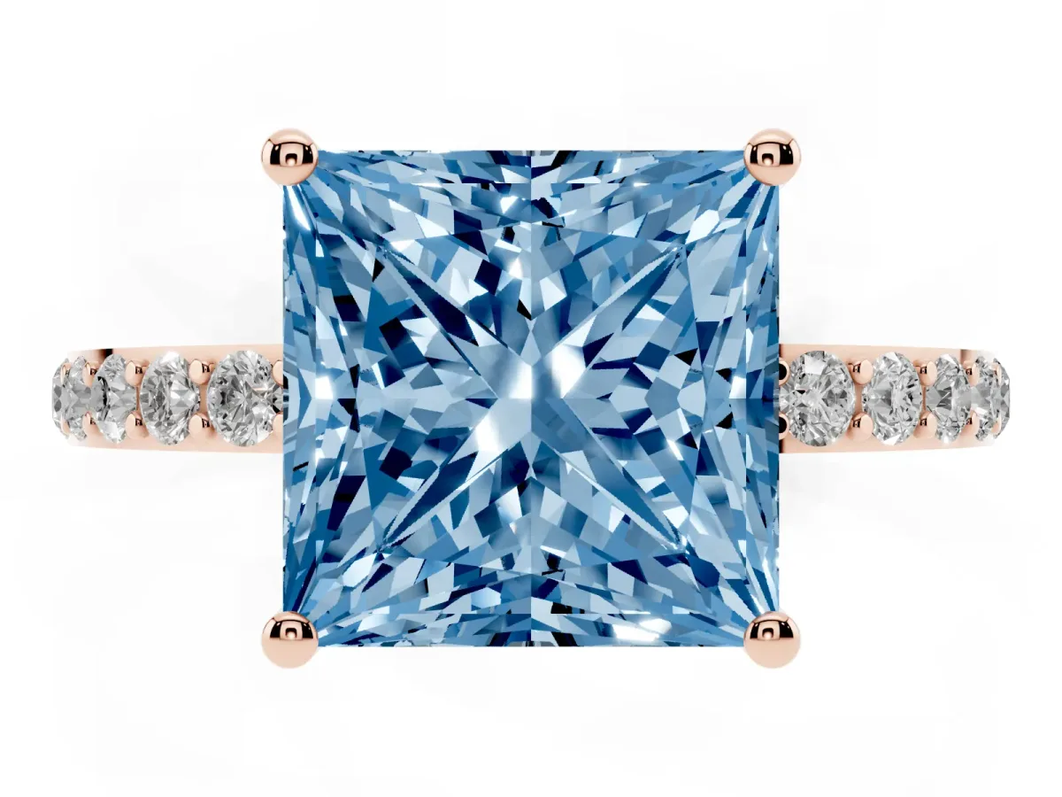 Fancy Blue Princess Cut Diamond Solitaire Ring with Round Pavé Shoulders and Prong Setting Rose gold