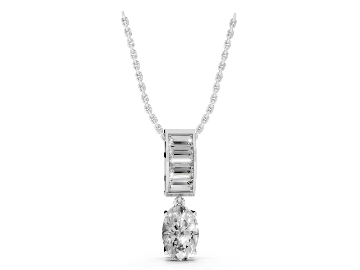 Oval and Baguette Diamond Drop Pendant Silver