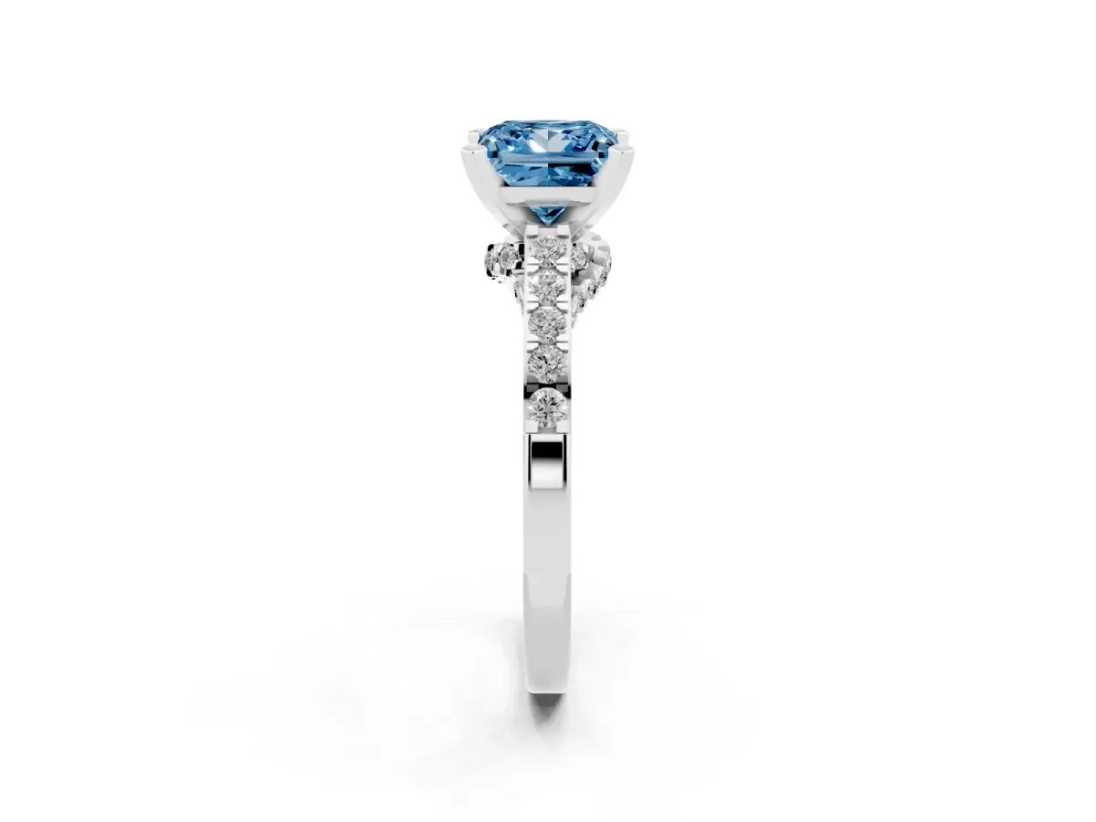 Fancy Blue Princess Cut Diamond Solitaire Ring with Crossover Gallery and Round Pavé Band Platinum