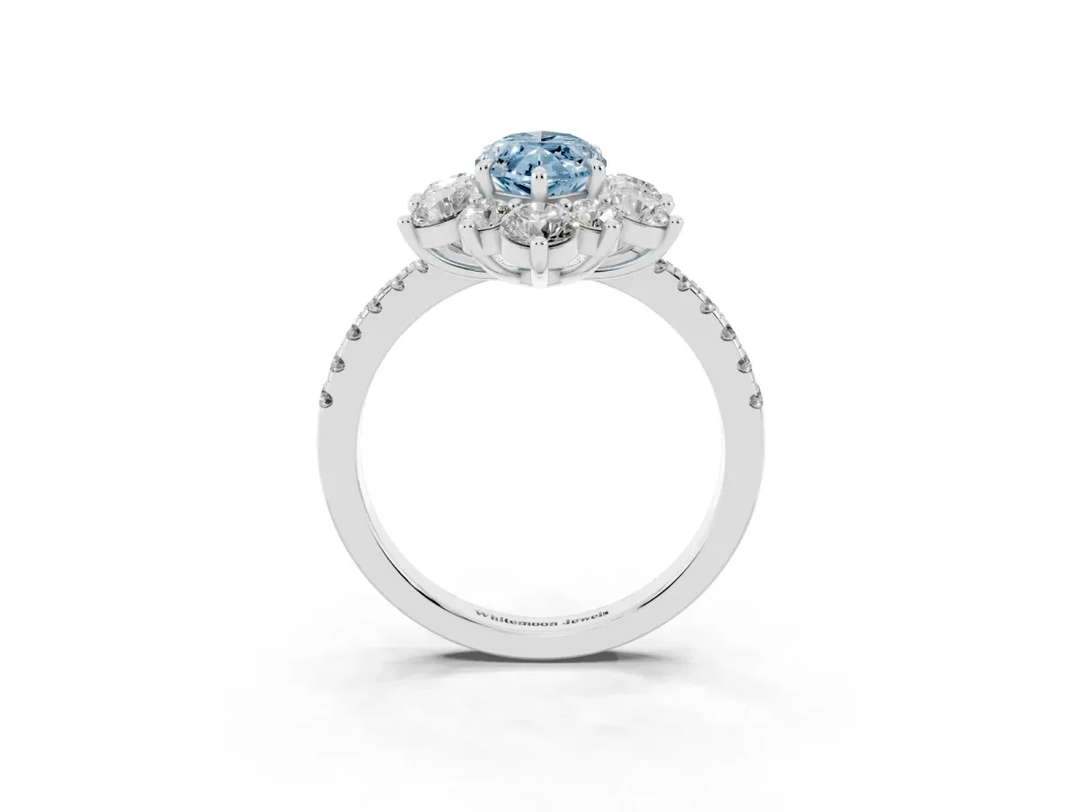 Fancy Blue Marquise Cut Diamond Floral Halo Ring with Round Pavé Band and Prong Setting White gold