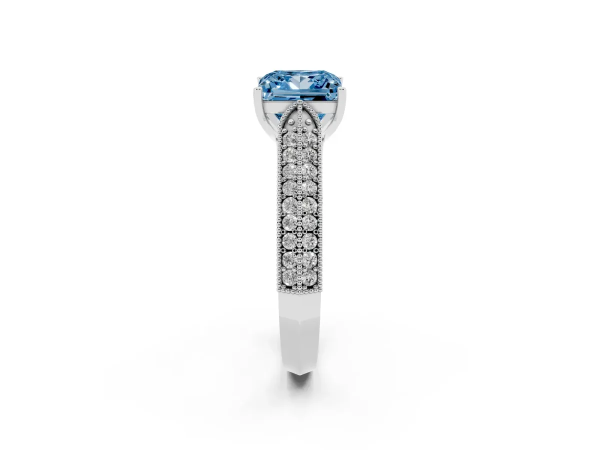 Fancy Blue Princess Cut Cut Pave Split Shank Engagement Ring with Four-Prong Setting Platinum