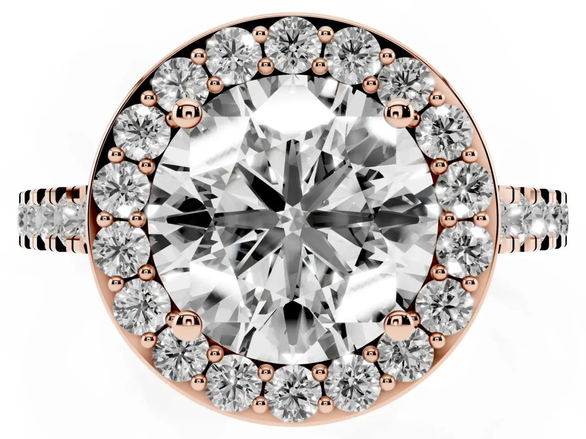 Round Cut Diamond Halo Ring with Round Pavé Split Shank and Prong Setting Rose gold