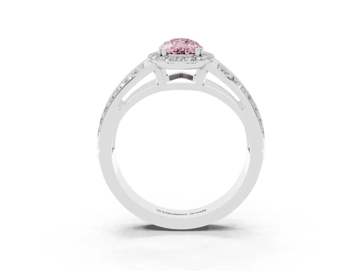 Fancy Pink Pear Cut Diamond Halo Ring with Split Shank Pavé Band and Four-Prong Setting Silver
