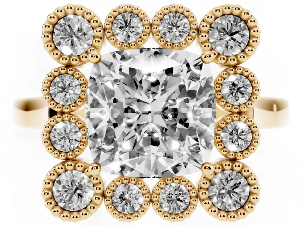 Cushion Cut Halo Diamond Cluster Engagement Ring with Milgrain Bezel Setting and Solitaire Band Yellow gold