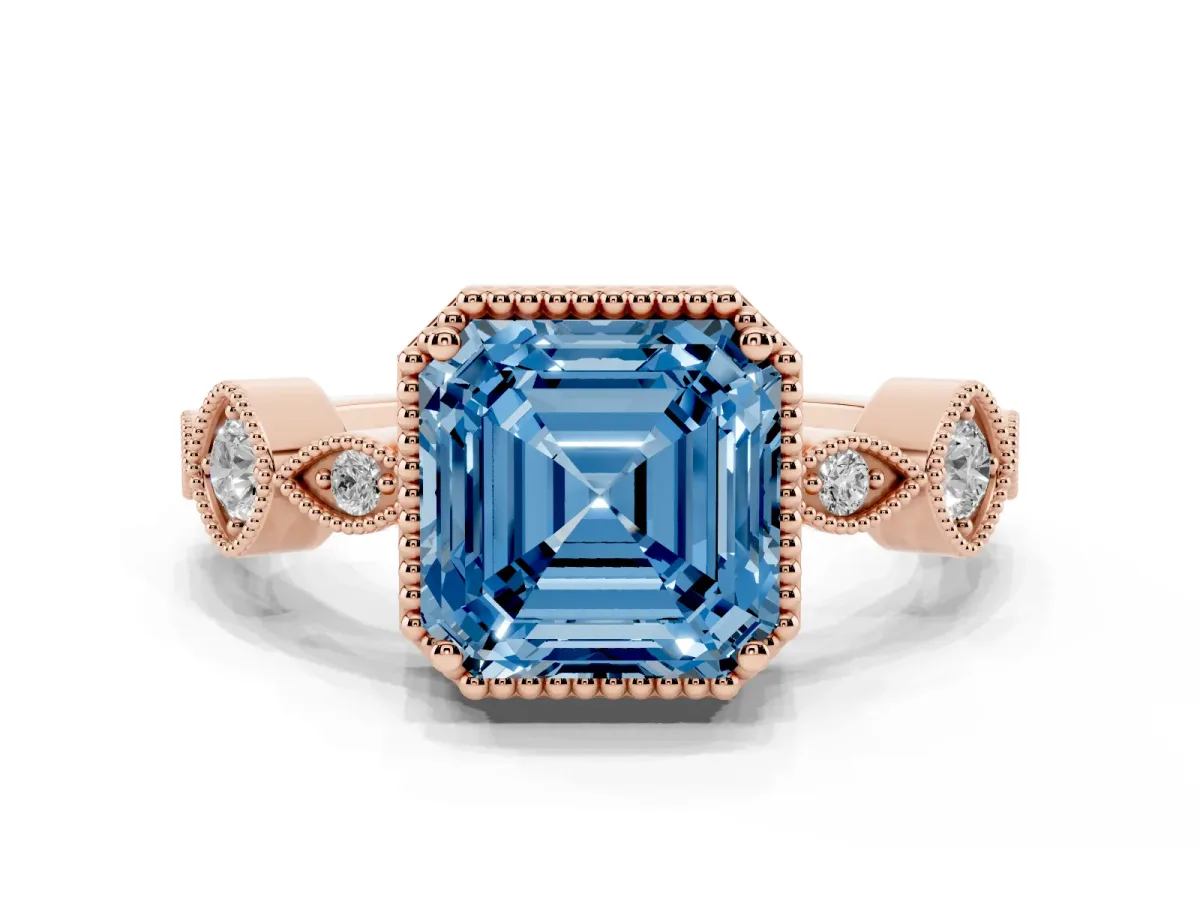 Fancy Blue Asscher Cut Diamond Vintage Milgrain Ring with Round Stations Rose gold