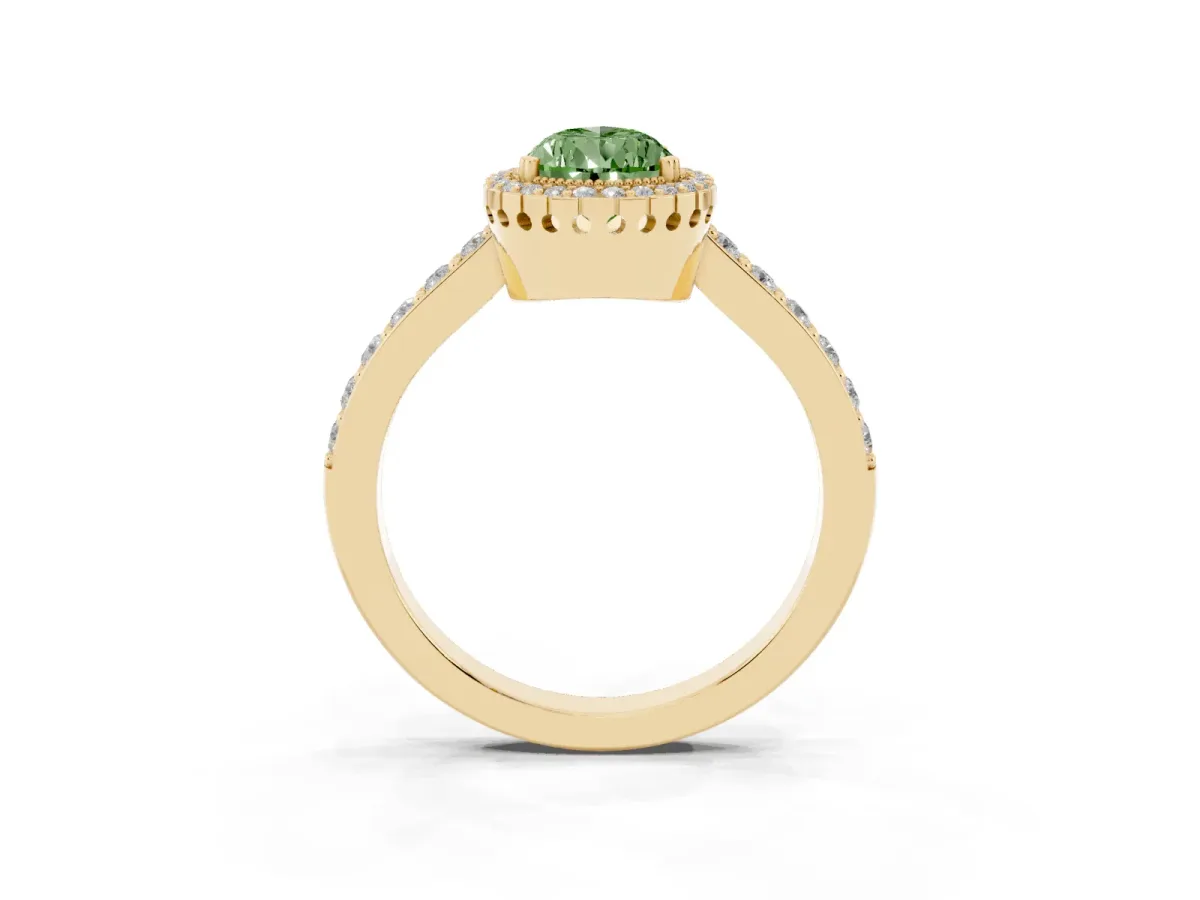 Fancy Green Pear Cut Cut Diamond Halo Engagement Ring with Milgrain Detail and Pavé Band Yellow gold
