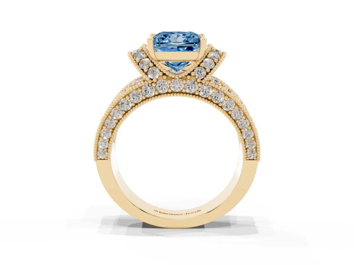 Fancy Blue Princess Cut Halo Pave Diamond Engagement Ring with Milgrain Detailing Yellow gold