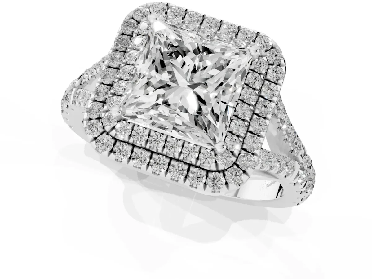 Princess Cut Cut Double Halo Split Shank Diamond Ring with Prong Setting Silver