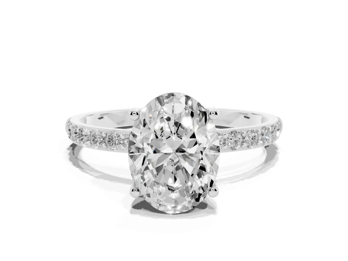 Oval Cut Diamond Solitaire Ring with Round Pavé Shoulders and Prong Setting Platinum