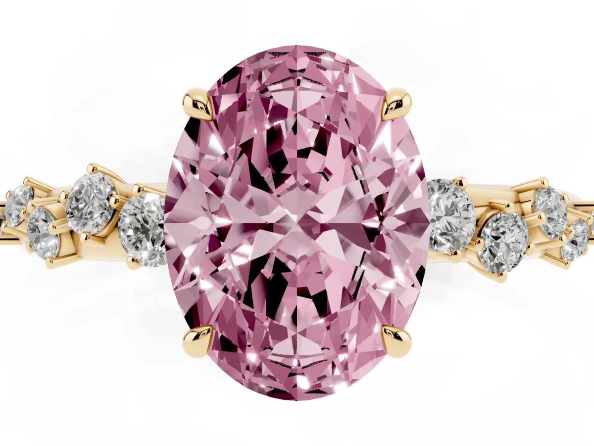 Fancy Pink Oval Cut Diamond Cluster Prong-Set Solitaire Ring Yellow gold