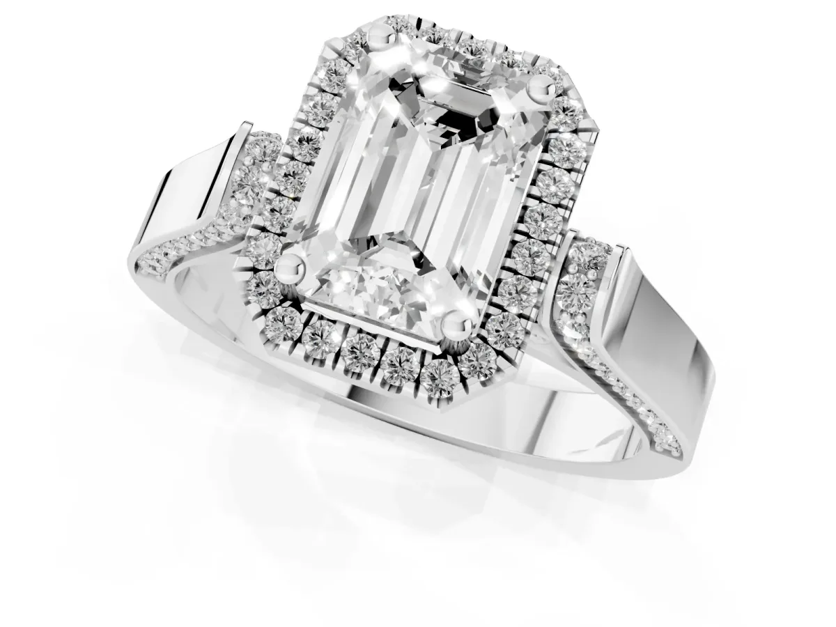 Emerald Cut Halo Pave Split Shank Prong Setting Ring Silver