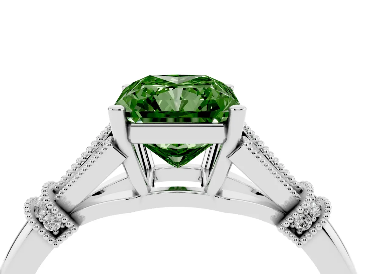 Fancy Green Radiant Cut Diamond Solitaire Ring with Floral Filigree and Pave Accents Platinum