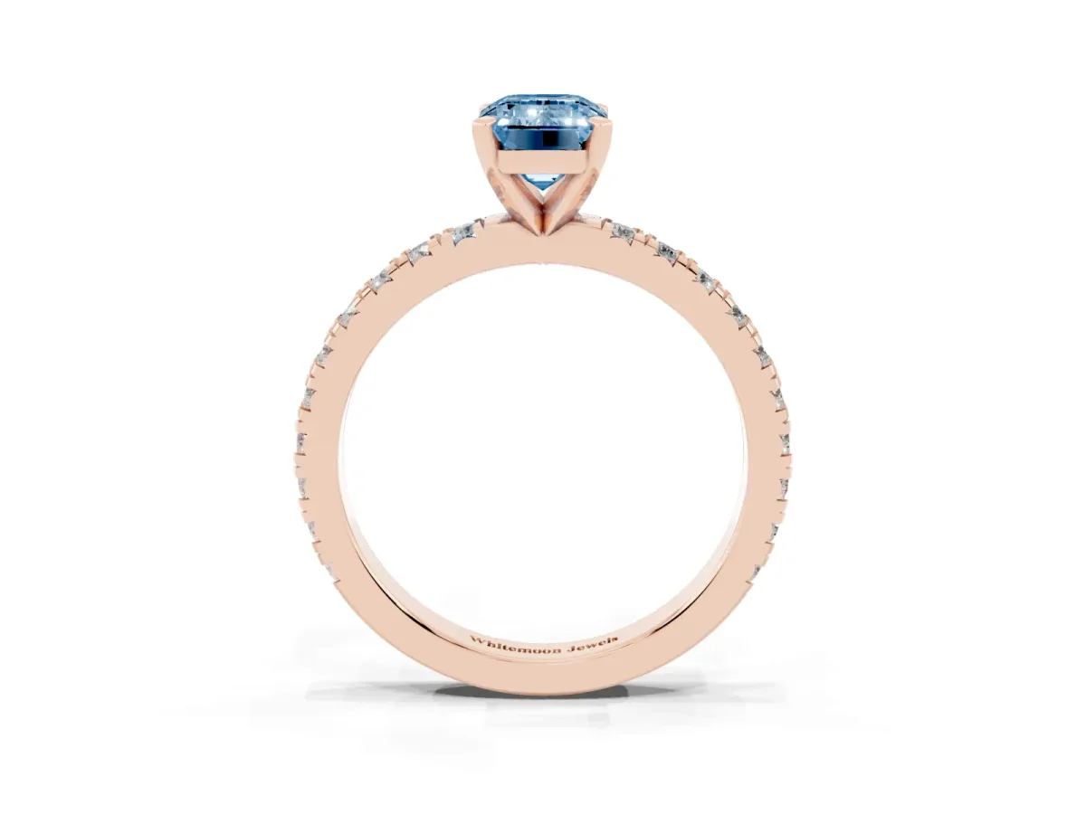 Fancy Blue Emerald Cut Diamond Pavé Band Solitaire with Four-Prong Setting Rose gold