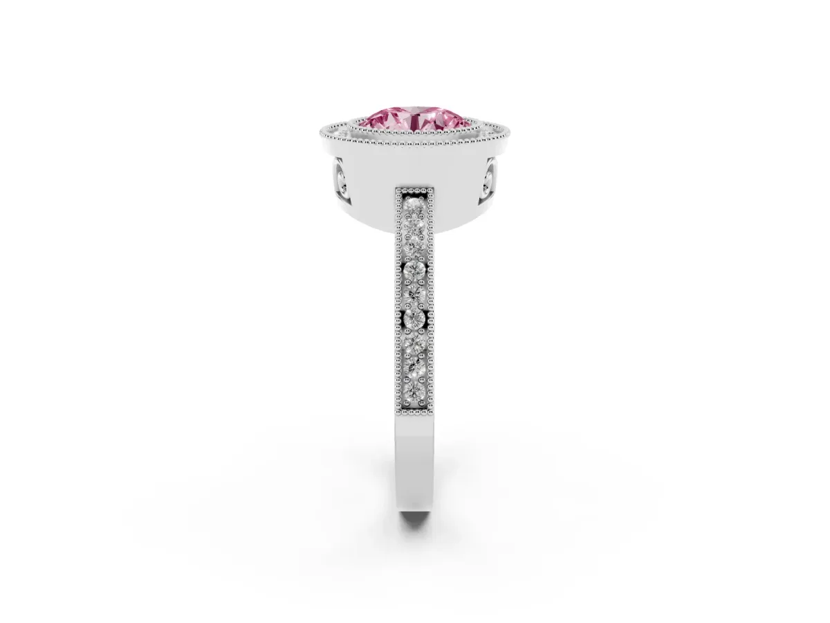 Fancy Pink Round Cut Cut Halo Diamond Ring with Pavé Band and Milgrain Prong Setting Platinum