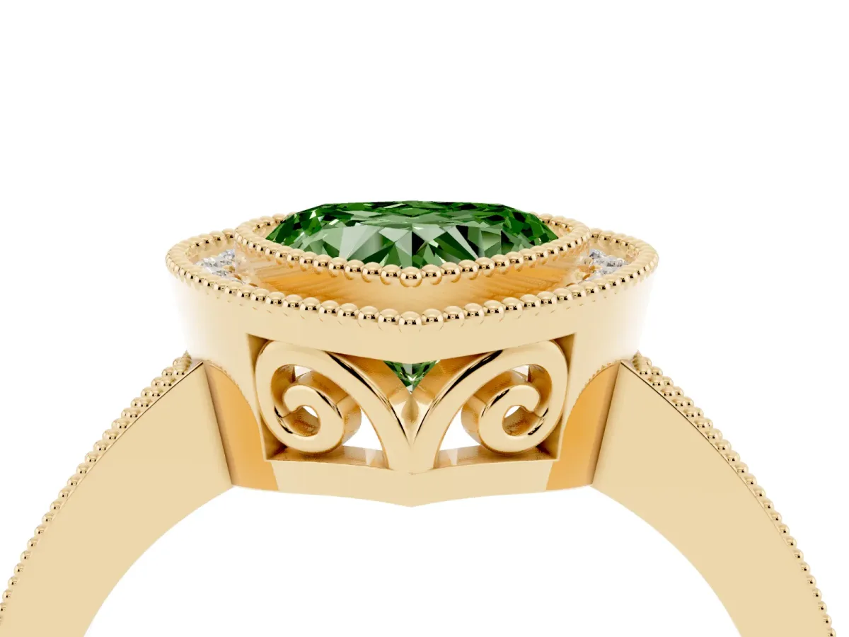 Fancy Green Heart Cut Cut Halo Diamond Ring with Pavé Band and Milgrain Prong Setting Yellow gold