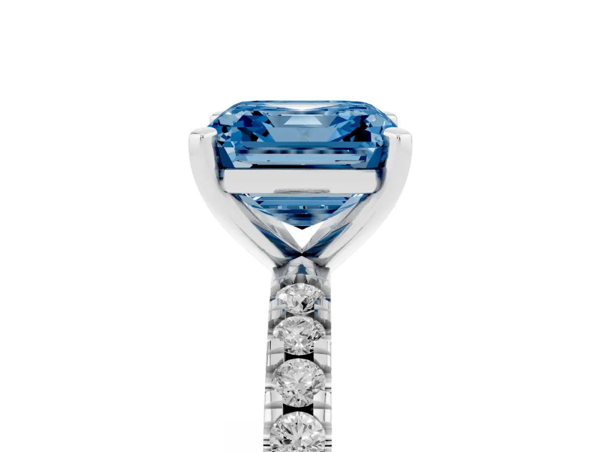 Fancy Blue Asscher Cut Diamond Pavé Band Solitaire with Four-Prong Setting Silver