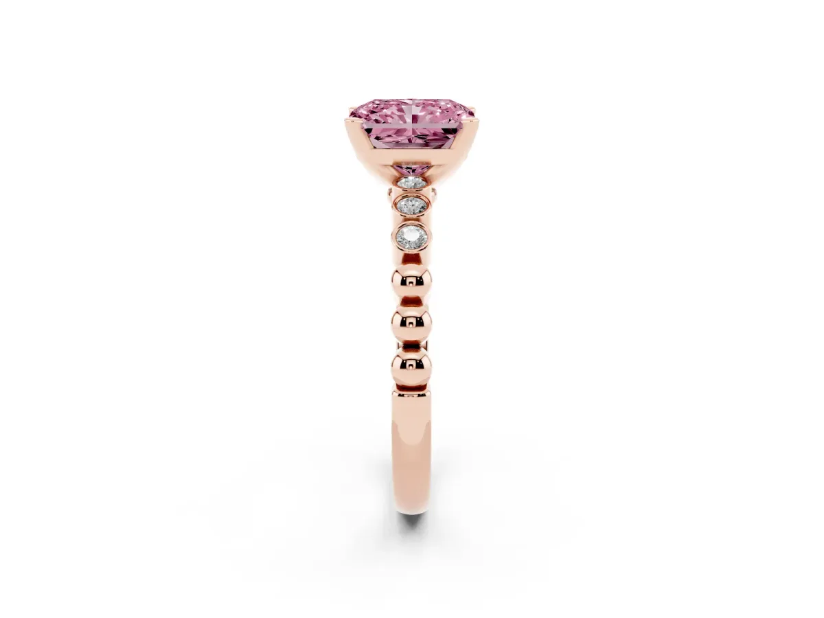 Fancy Pink Radiant Cut Solitaire Bezel Accent Diamond Engagement Ring with Beaded Band and Four-Prong Setting Rose gold