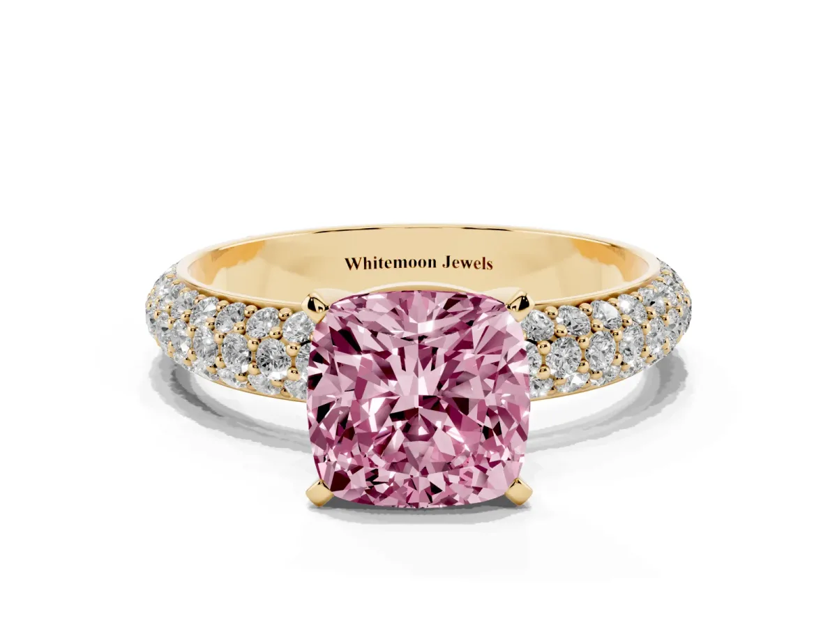 Fancy Pink Cushion Cut Diamond Solitaire Ring with Prong Setting and Pavé Band Yellow gold