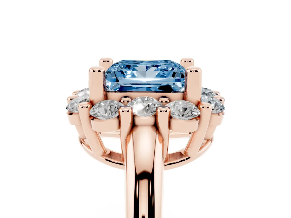 Fancy Blue Princess Cut Halo Cluster Diamond Engagement Ring with Prong Setting and Polished Band Rose gold