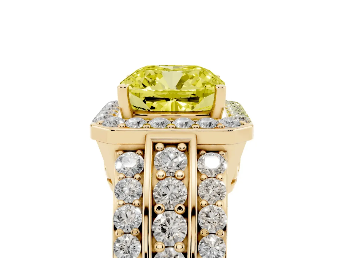 Fancy Yellow Cushion Cut Halo Diamond Ring with Round Split Shank and Prong Setting Yellow gold