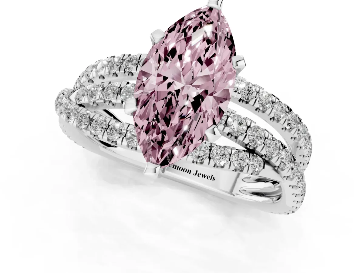 Fancy Pink Marquise Cut Solitaire Twist Band with Pavé Setting and Four-Prong Setting Silver